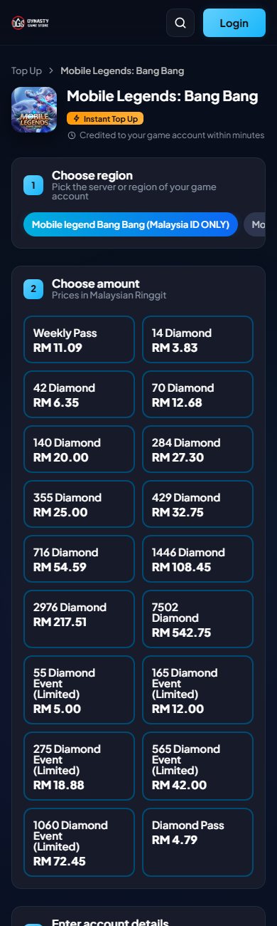 Halaman produk Dynasty Game Store di telefon: tambah nilai Mobile Legends dengan pilihan rantau dan set denominasi dalam Ringgit