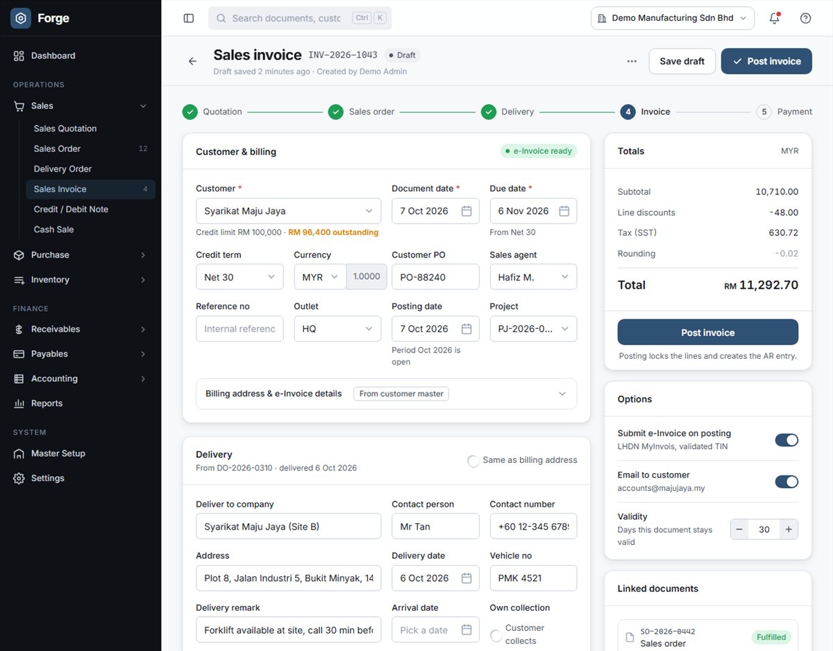 Borang invois jualan Forge dengan data demo: langkah aliran dokumen dari sebut harga ke bayaran, medan pelanggan dan bil, bahagian penghantaran, panel jumlah dan pilihan untuk menghantar e-Invois semasa pengeposan